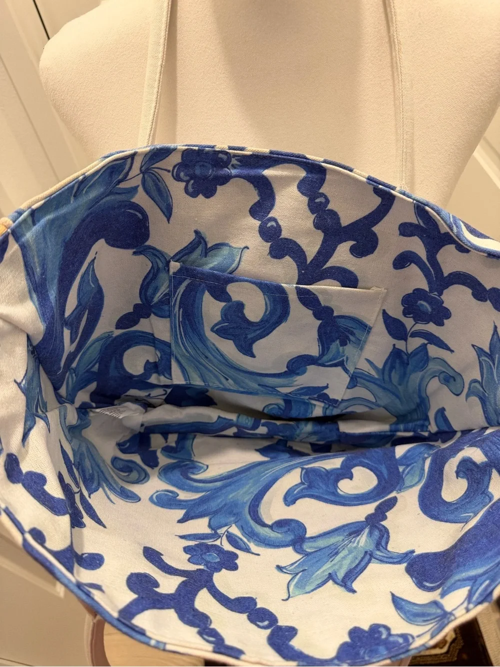 Dolce & Gabbana Beige Straw Tote with Blue Floral Trim and White Handles